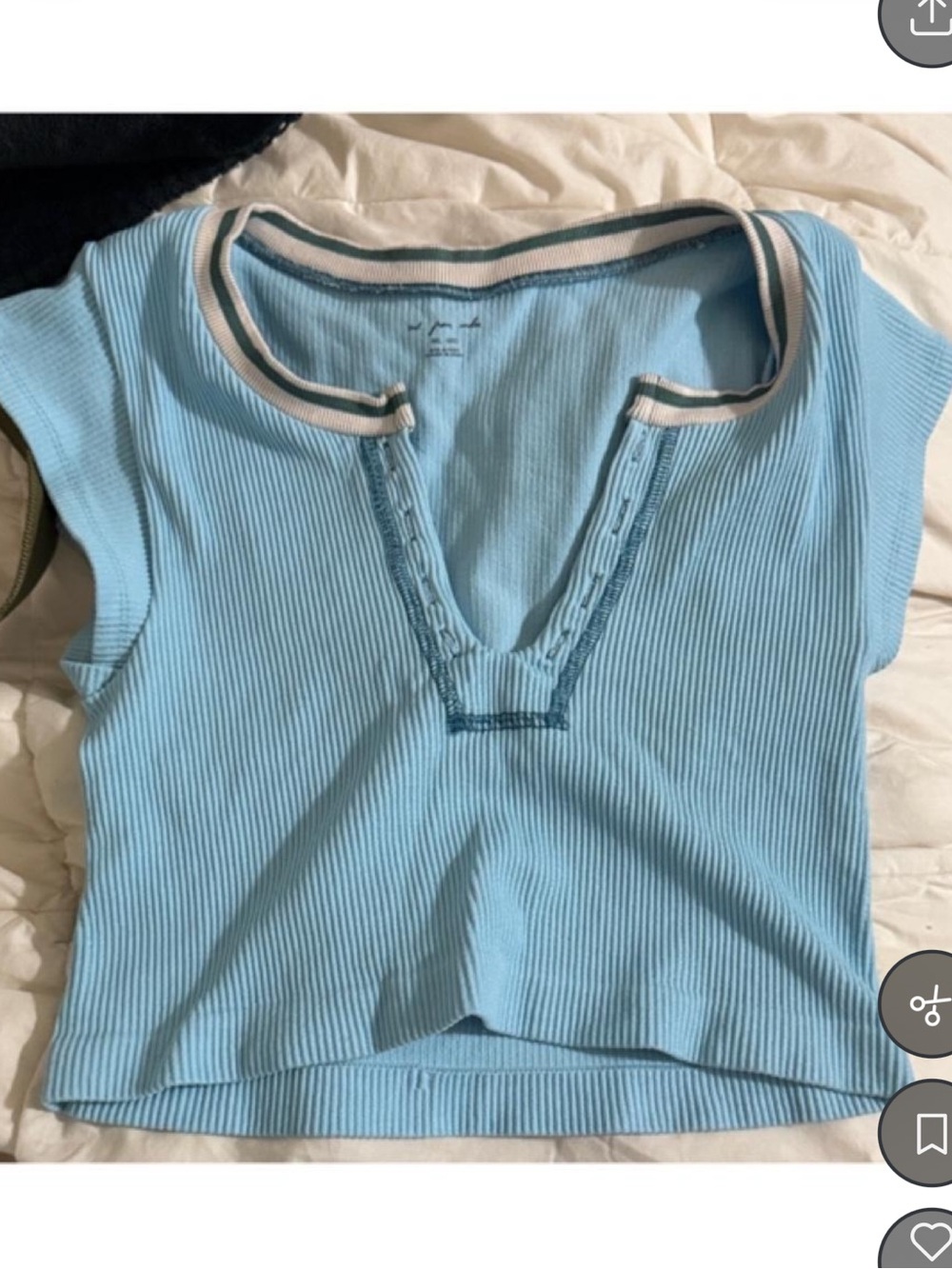 Urban Outfitters Sky Blue Ribbed Crop Top with Contrast Stripe Trim